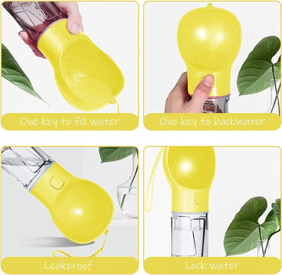 SELPONT G Portable 4-in-1 Dog Water Bottle Dispenser with Food Container and Waste Bag, Leakproof Travel Accessory for Hiking (Yellow)