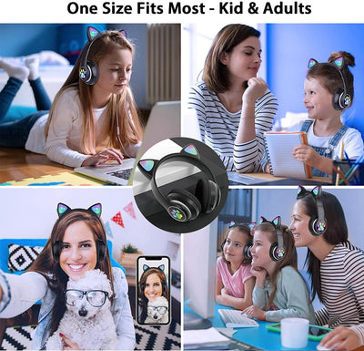 Kids Headphones,  Cat Ear Wireless Headphones, LED Light up Kids Bluetooth Headphones over on Ear Black