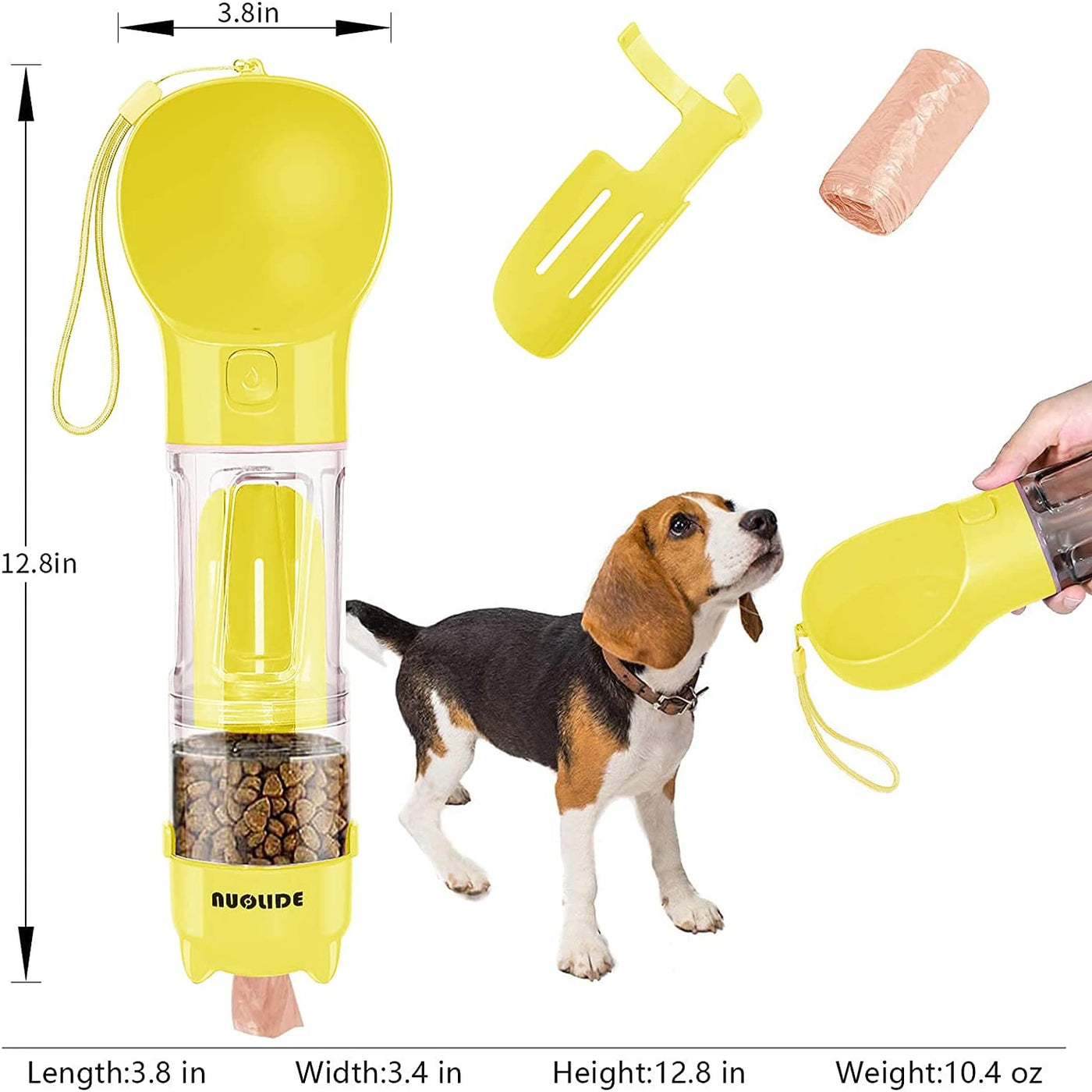 SELPONT G Portable 4-in-1 Dog Water Bottle Dispenser with Food Container and Waste Bag, Leakproof Travel Accessory for Hiking (Yellow)