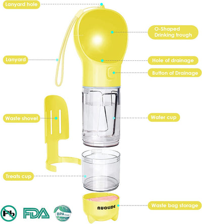 SELPONT G Portable 4-in-1 Dog Water Bottle Dispenser with Food Container and Waste Bag, Leakproof Travel Accessory for Hiking (Yellow)
